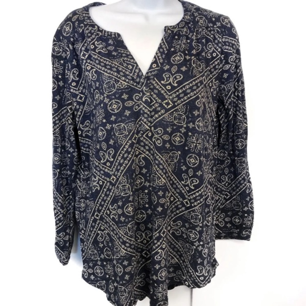 Lucky Brand Paisley Split Back Peasant Top Blue Sm - Picture 2 of 8